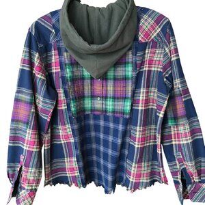 Oversized Patchwork Hoodie, Size M-L: Funky Button-Down Flannel Shirt Jacket
